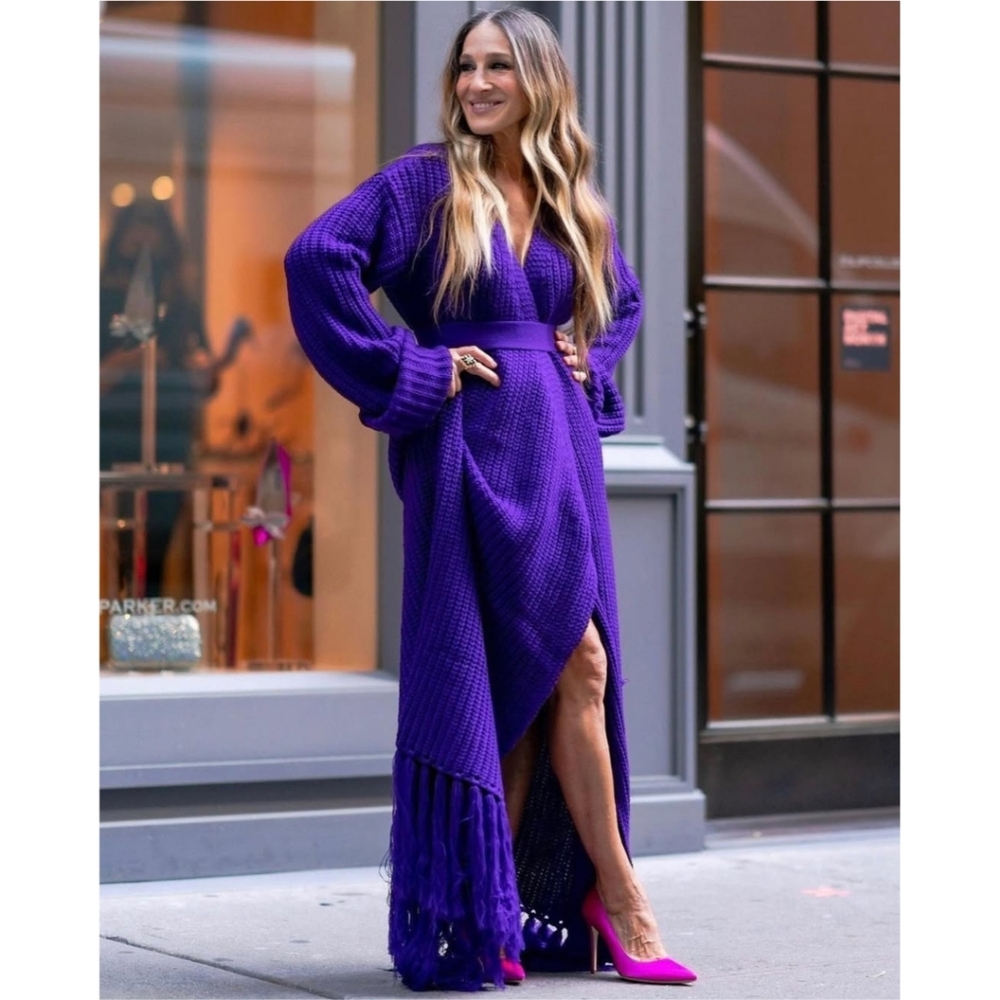 HANIFA MIYA KNIT CARDIGAN DRESS IN EGGPLANT /PLUM
